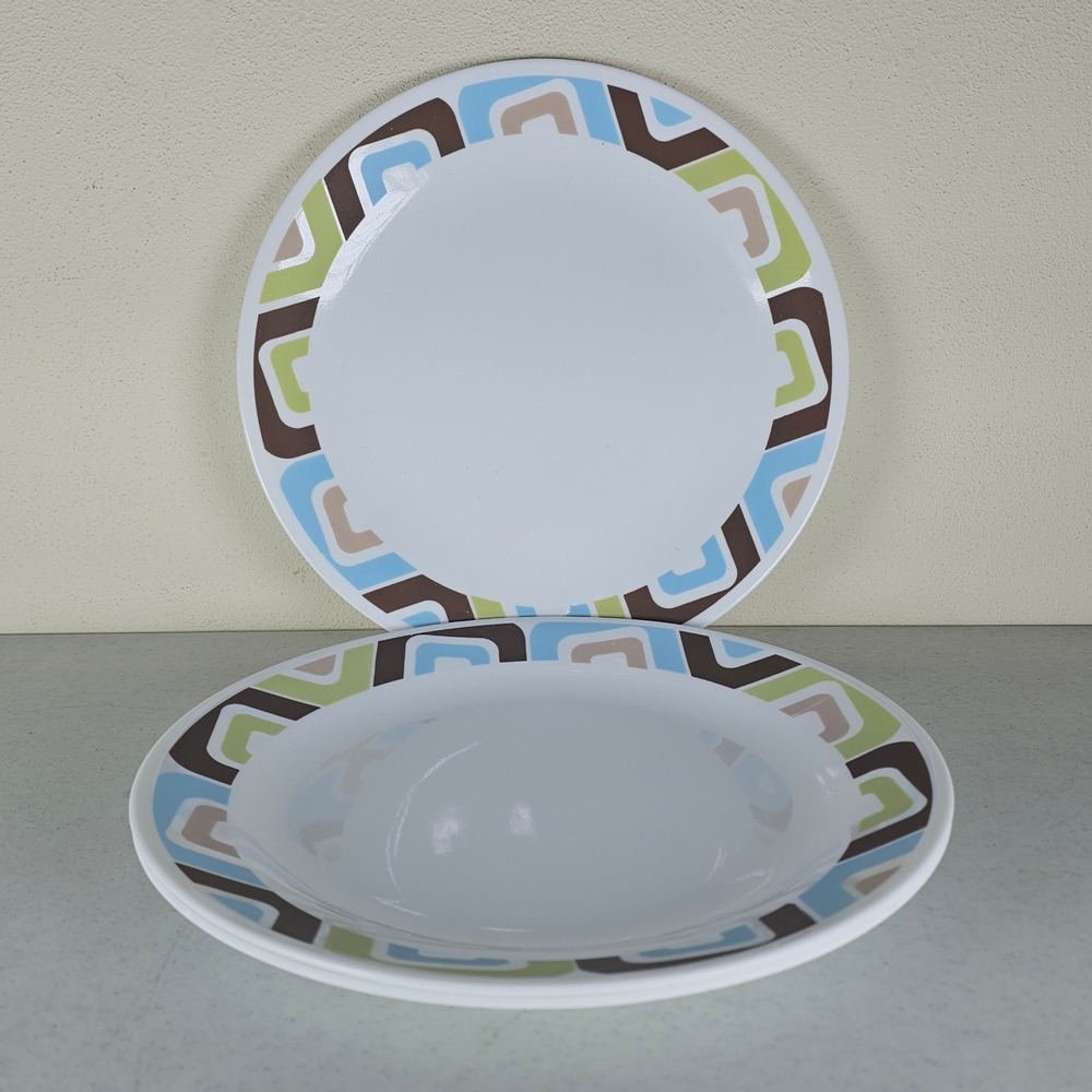 3 Corning Corelle Dishes SQUARED Dinner Plates 10.25" Blue Brown & Green
